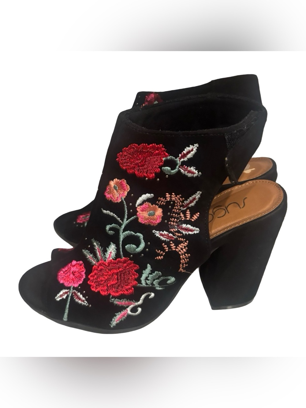 Sugar Black Suede Floral Boho Artsy Embroidered Peep-Toe Heels Size 8